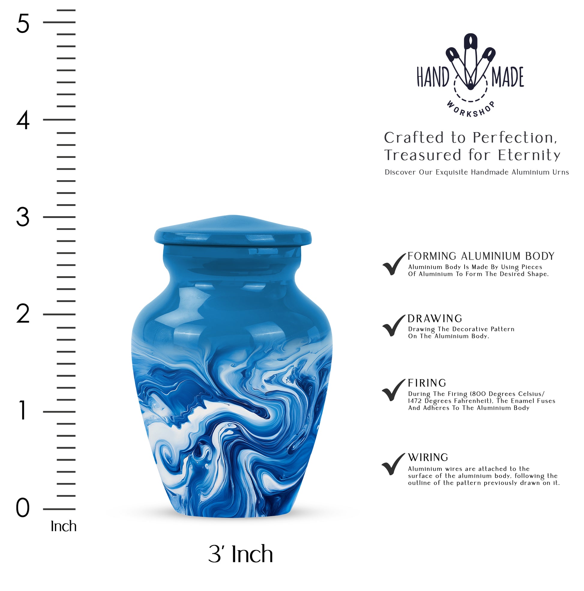 Sky Blue Blue Cremation Urn close-up of engraving and surface detail - classic sculpted blue pattern on smooth aluminum - mini keepsake memorial for portion of cremation ashes