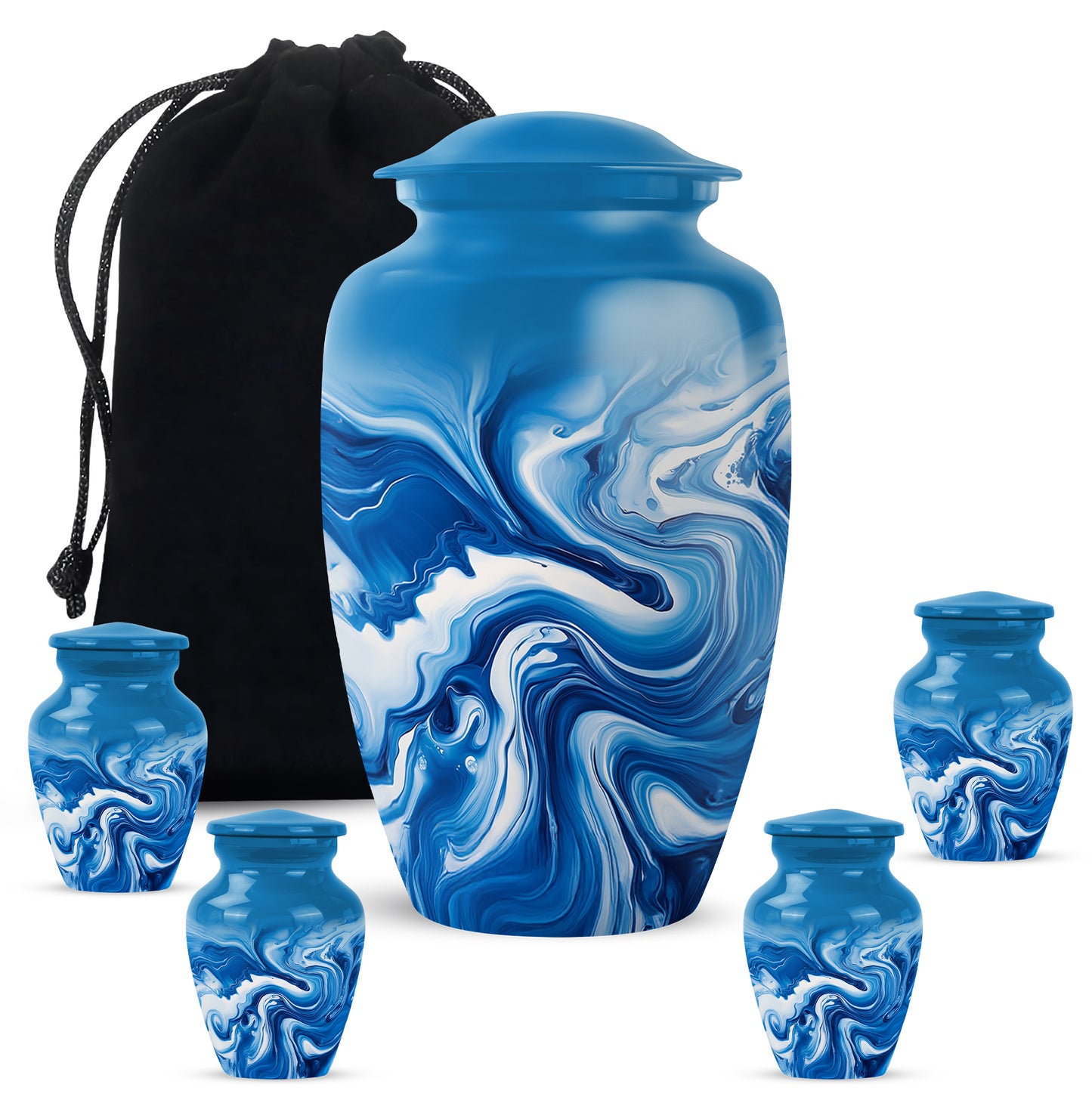 Cornflower Blue Blue Cremation Urn top-down view of secure threaded lid - traditional blue engraving with hand-polished finish - memorial set with one large and four small urns