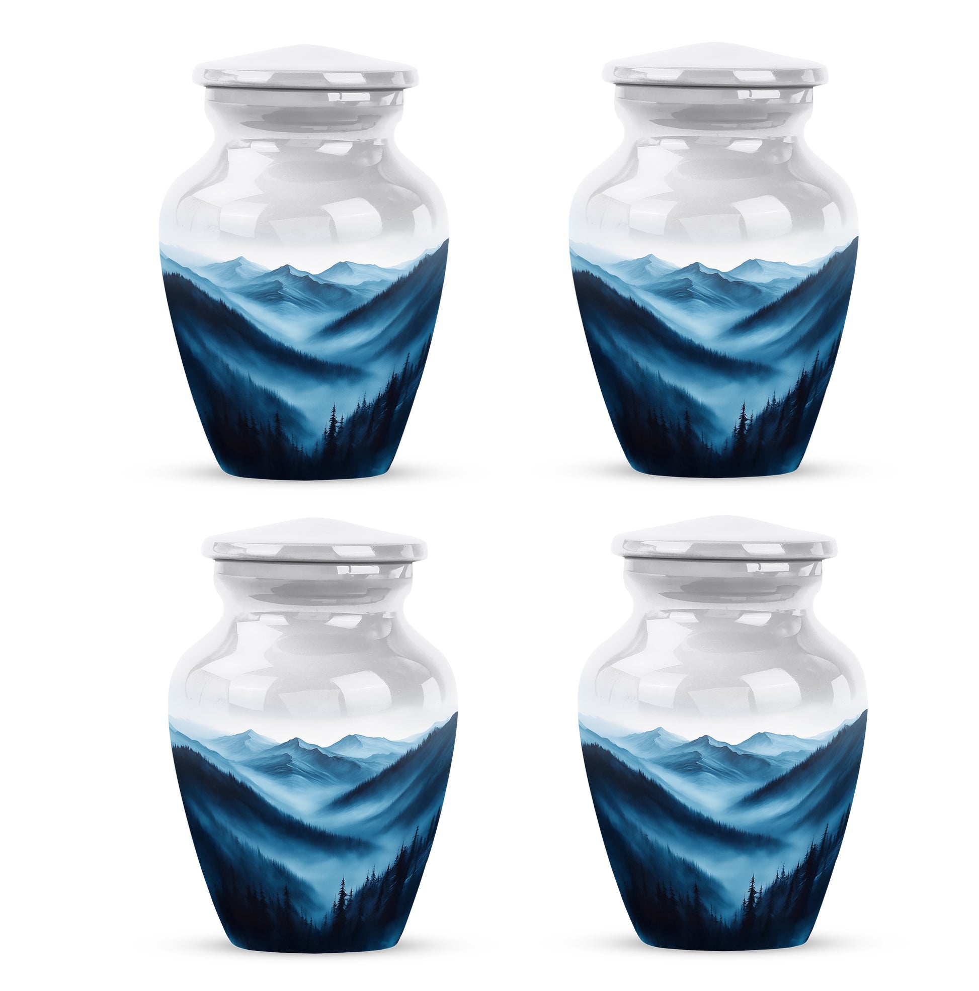 Satin Silver Blue Cremation Urn side profile showing urn shape - timeless blue motif etched into premium metal - 10 inch aluminum urn for cremated remains