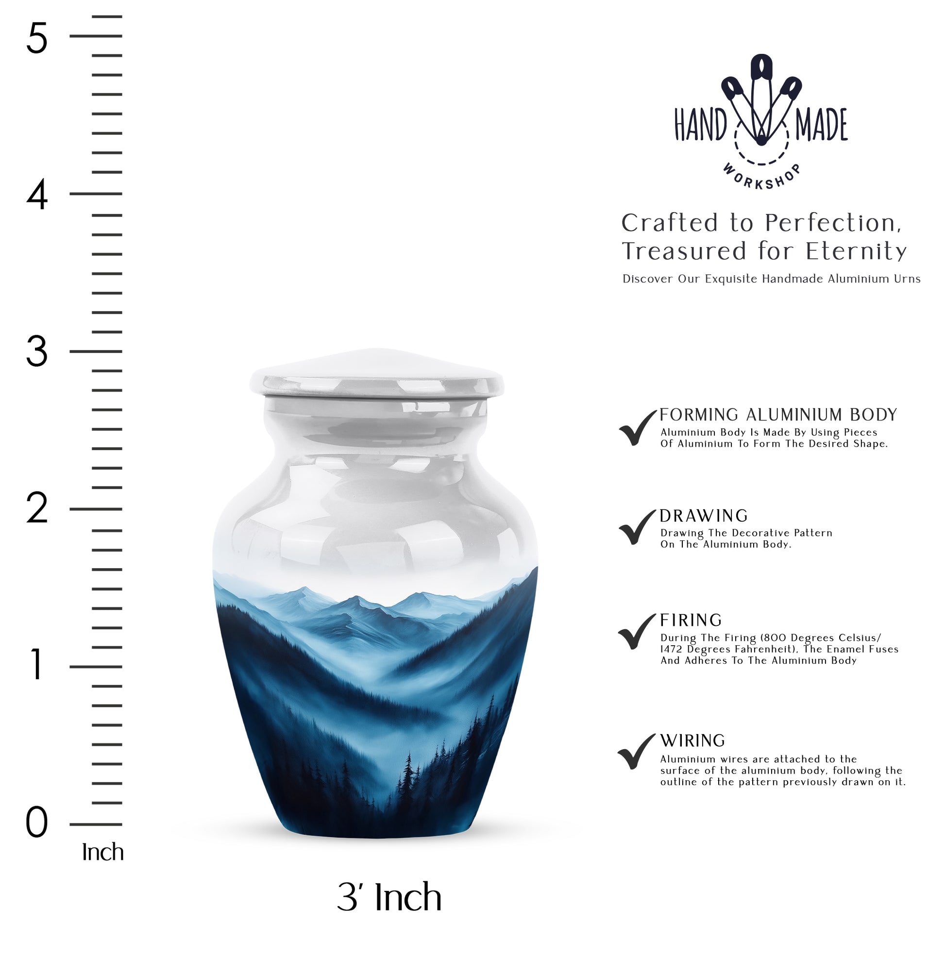 Brushed Silver Blue Cremation Urn close-up of engraving and surface detail - classic sculpted blue pattern on smooth aluminum - mini keepsake memorial for portion of cremation ashes