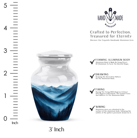 Brushed Silver Blue Cremation Urn close-up of engraving and surface detail - classic sculpted blue pattern on smooth aluminum - mini keepsake memorial for portion of cremation ashes