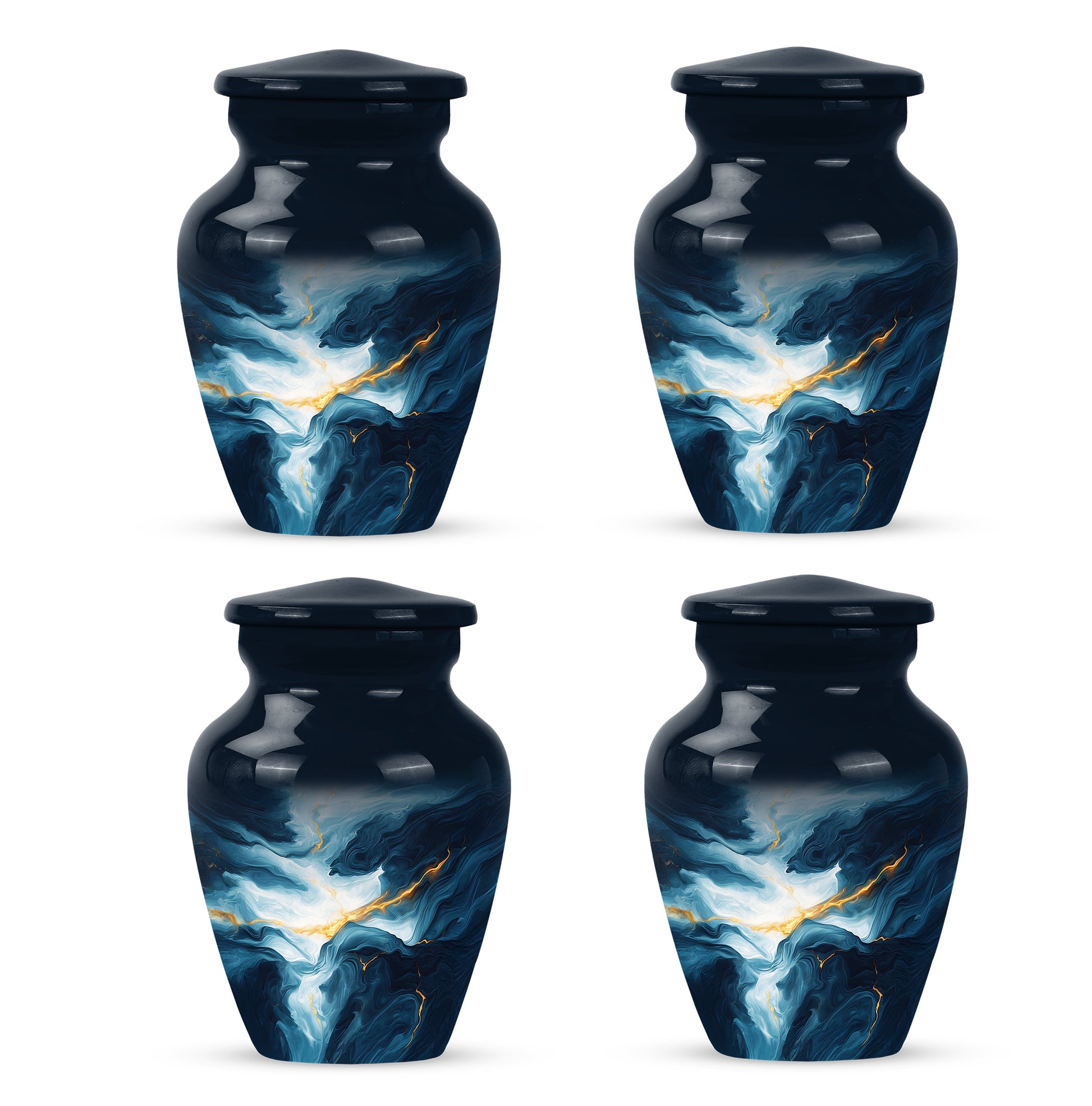 Vivid Blue Blue Cremation Urn side profile showing urn shape - elegant classic blue relief with fine detailing - 10 inch aluminum urn for cremated remains