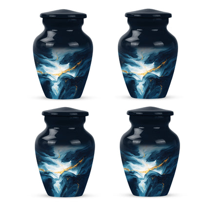 Vivid Blue Blue Cremation Urn side profile showing urn shape - elegant classic blue relief with fine detailing - 10 inch aluminum urn for cremated remains