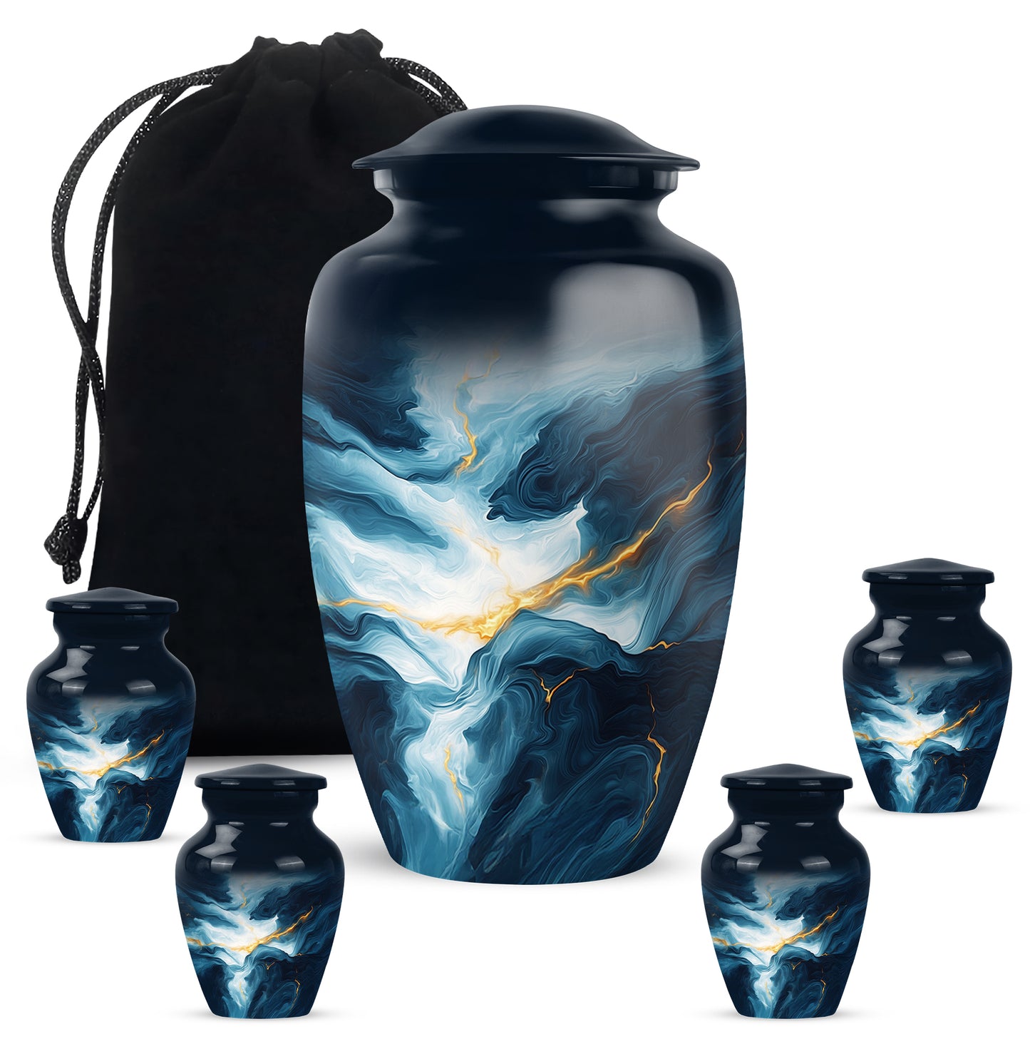 Calming Blue Blue Cremation Urn top-down view of secure threaded lid - elegant classic blue relief with fine detailing - memorial set with one large and four small urns