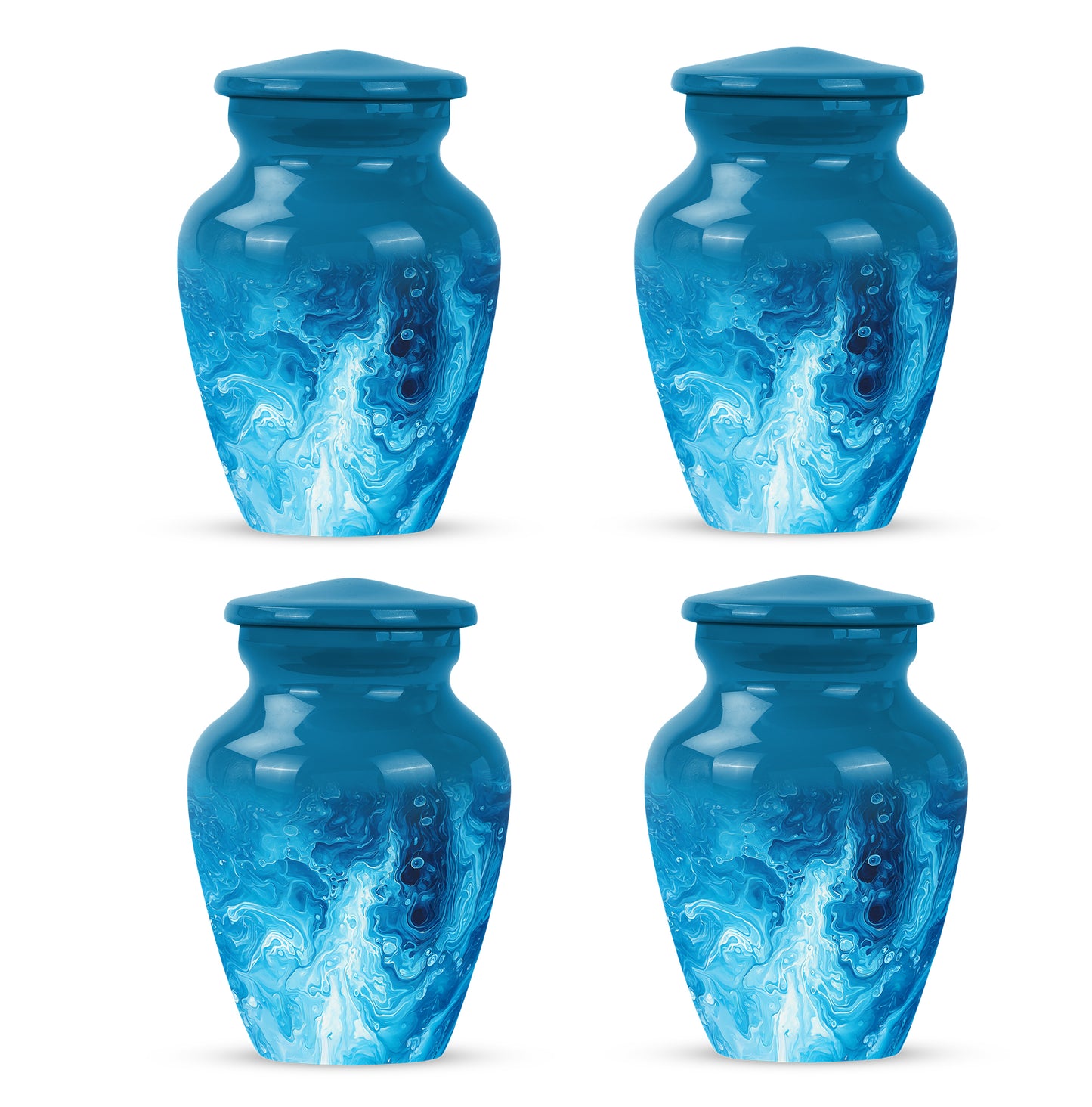 Indigo Blue Cremation Urn side profile showing urn shape - timeless blue motif etched into premium metal - 10 inch aluminum urn for cremated remains