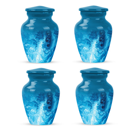 Indigo Blue Cremation Urn side profile showing urn shape - timeless blue motif etched into premium metal - 10 inch aluminum urn for cremated remains