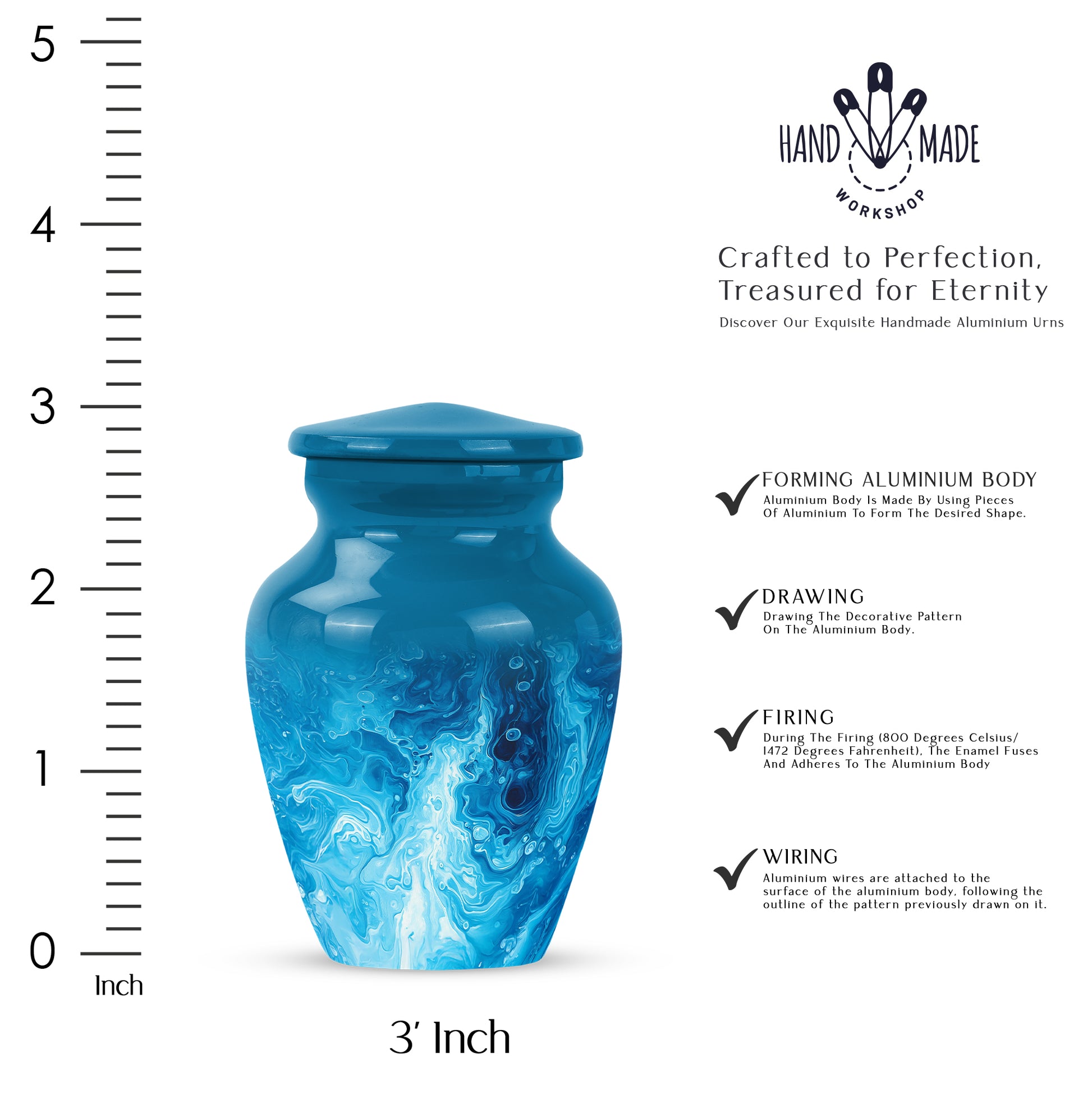 Serene Blue Blue Cremation Urn close-up of engraving and surface detail - traditional blue engraving with hand-polished finish - mini keepsake memorial for portion of cremation ashes