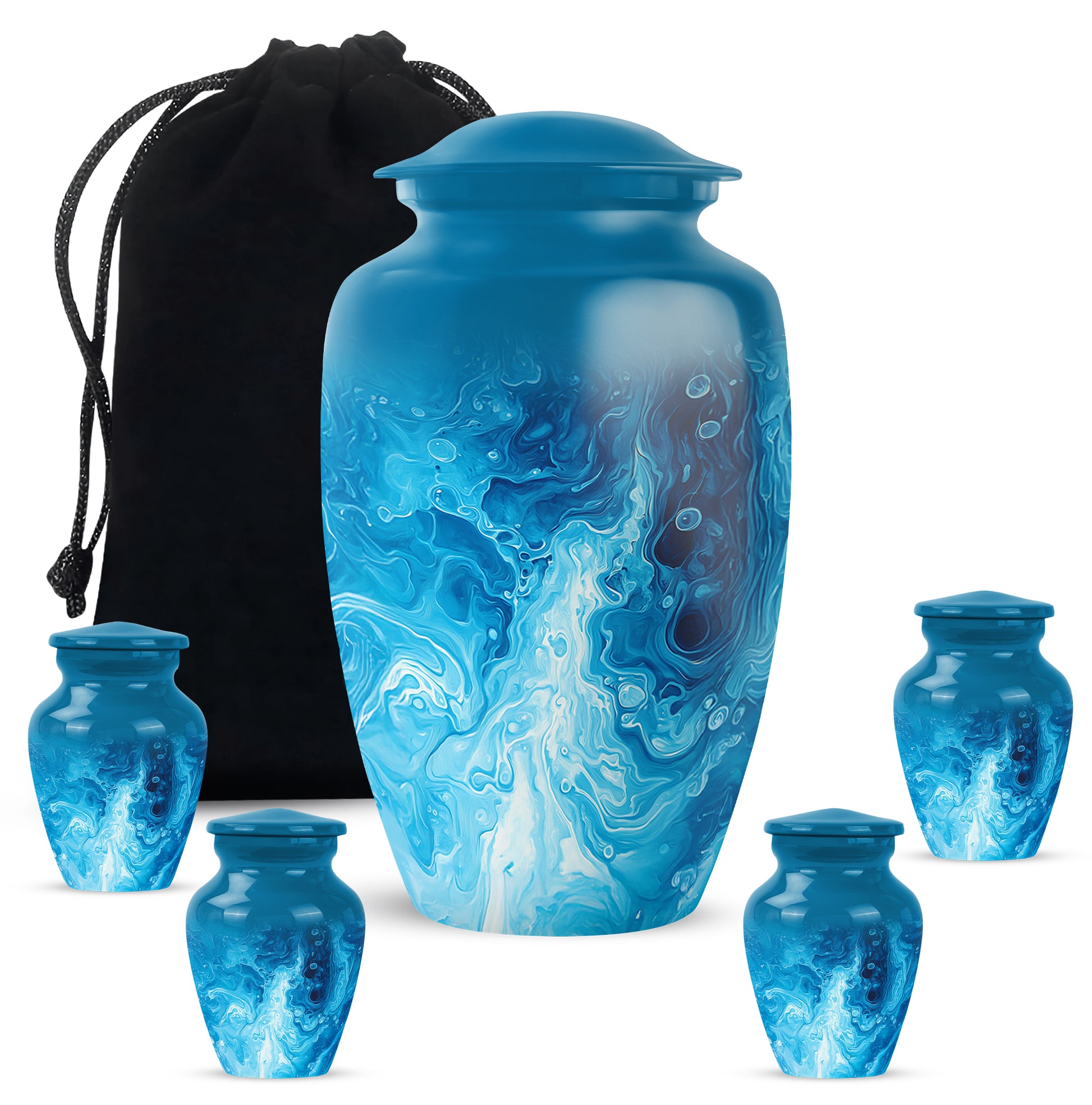 Twilight Blue Blue Cremation Urn top-down view of secure threaded lid - elegant classic blue relief with fine detailing - memorial set with one large and four small urns