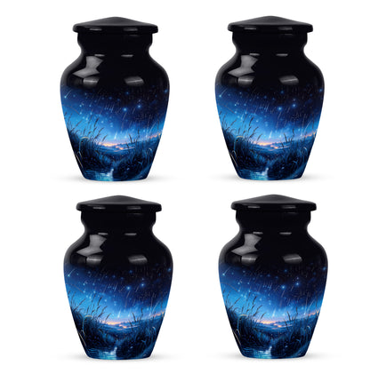 Glossy Black Blue Cremation Urn side profile showing urn shape - classic sculpted blue pattern on smooth aluminum - 10 inch aluminum urn for cremated remains