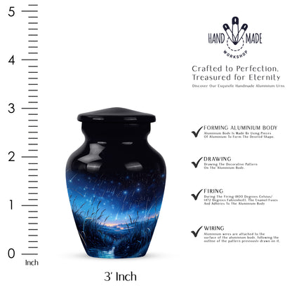 Obsidian Black Blue Cremation Urn close-up of engraving and surface detail - traditional blue engraving with hand-polished finish - mini keepsake memorial for portion of cremation ashes