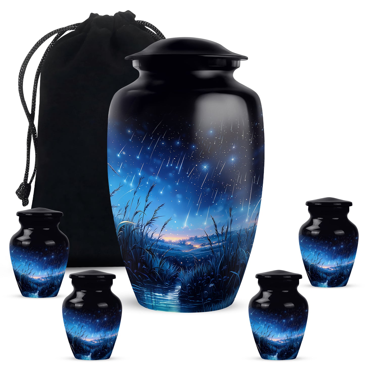 Deep Black Blue Cremation Urn top-down view of secure threaded lid - classic sculpted blue pattern on smooth aluminum - memorial set with one large and four small urns