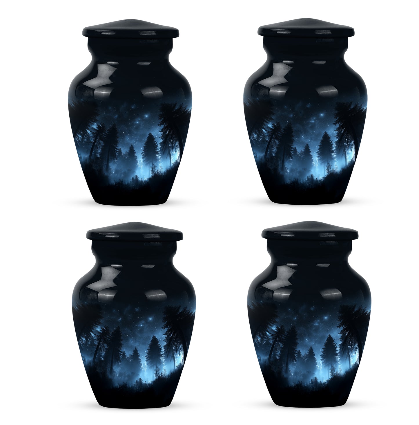 Onyx Black Blue Cremation Urn side profile showing urn shape - traditional blue engraving with hand-polished finish - 10 inch aluminum urn for cremated remains