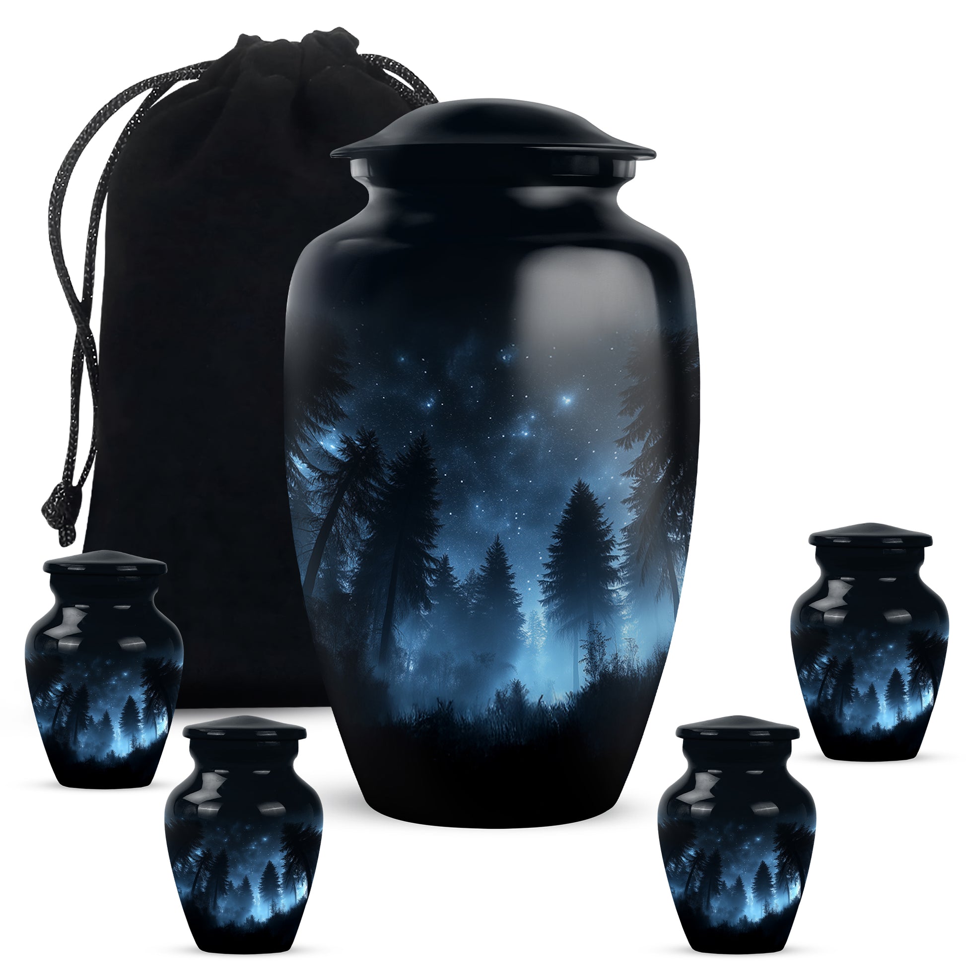 Midnight Black Blue Cremation Urn top-down view of secure threaded lid - elegant classic blue relief with fine detailing - memorial set with one large and four small urns
