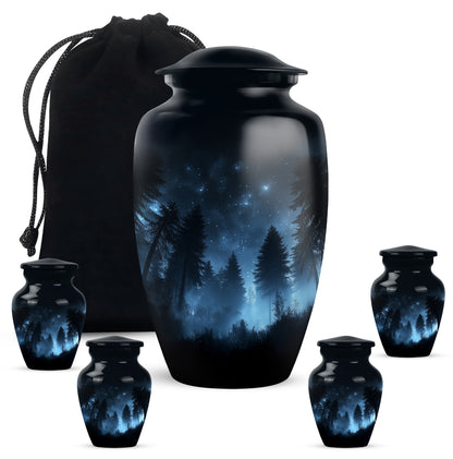 Midnight Black Blue Cremation Urn top-down view of secure threaded lid - elegant classic blue relief with fine detailing - memorial set with one large and four small urns
