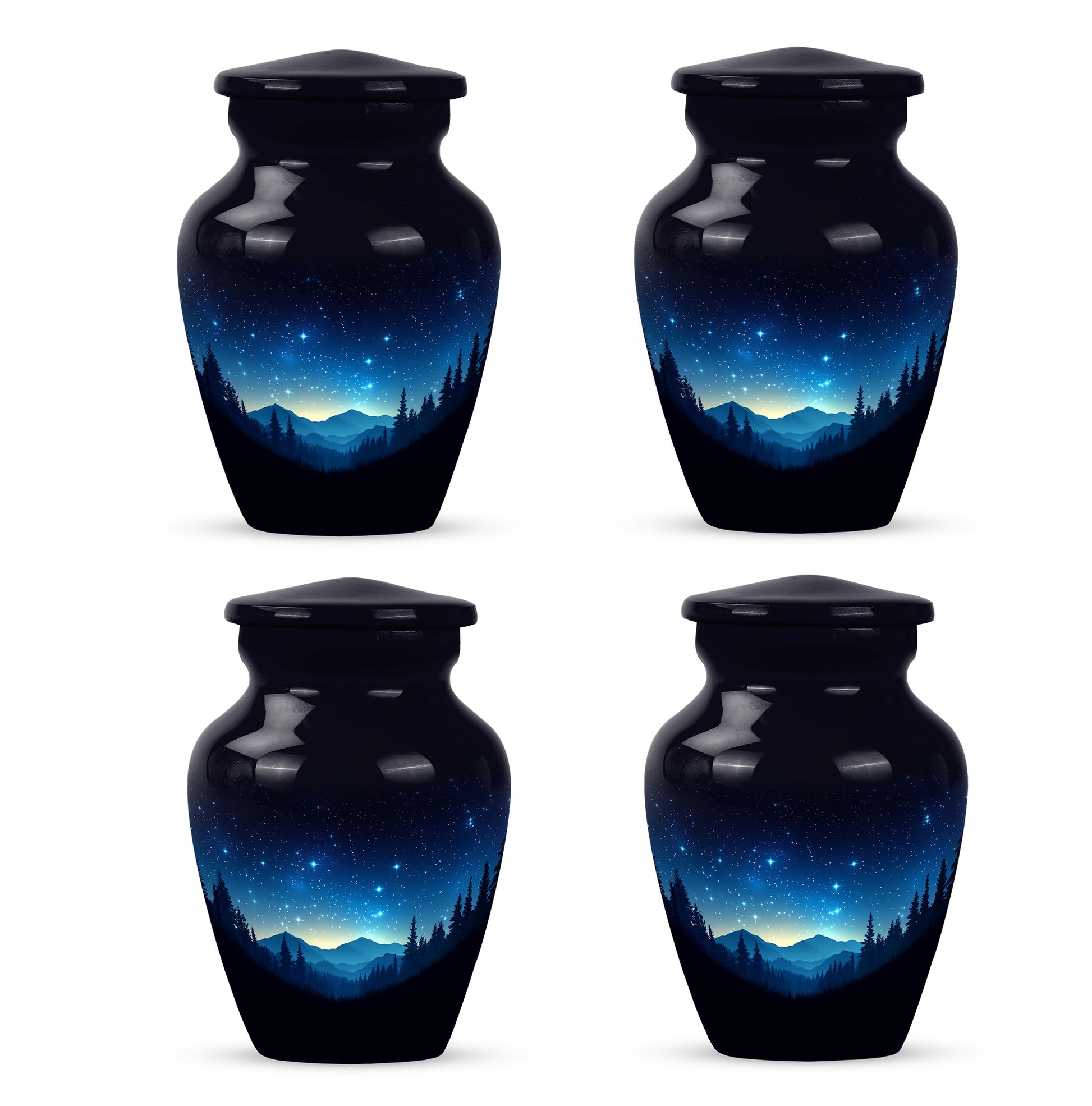 Glossy Black Blue Cremation Urn side profile showing urn shape - classic sculpted blue pattern on smooth aluminum - 10 inch aluminum urn for cremated remains