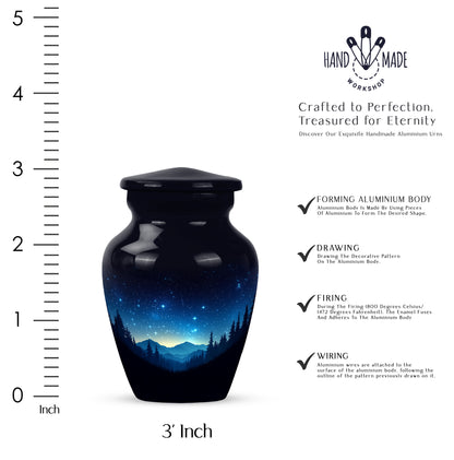 Ebony Blue Cremation Urn close-up of engraving and surface detail - timeless blue motif etched into premium metal - mini keepsake memorial for portion of cremation ashes
