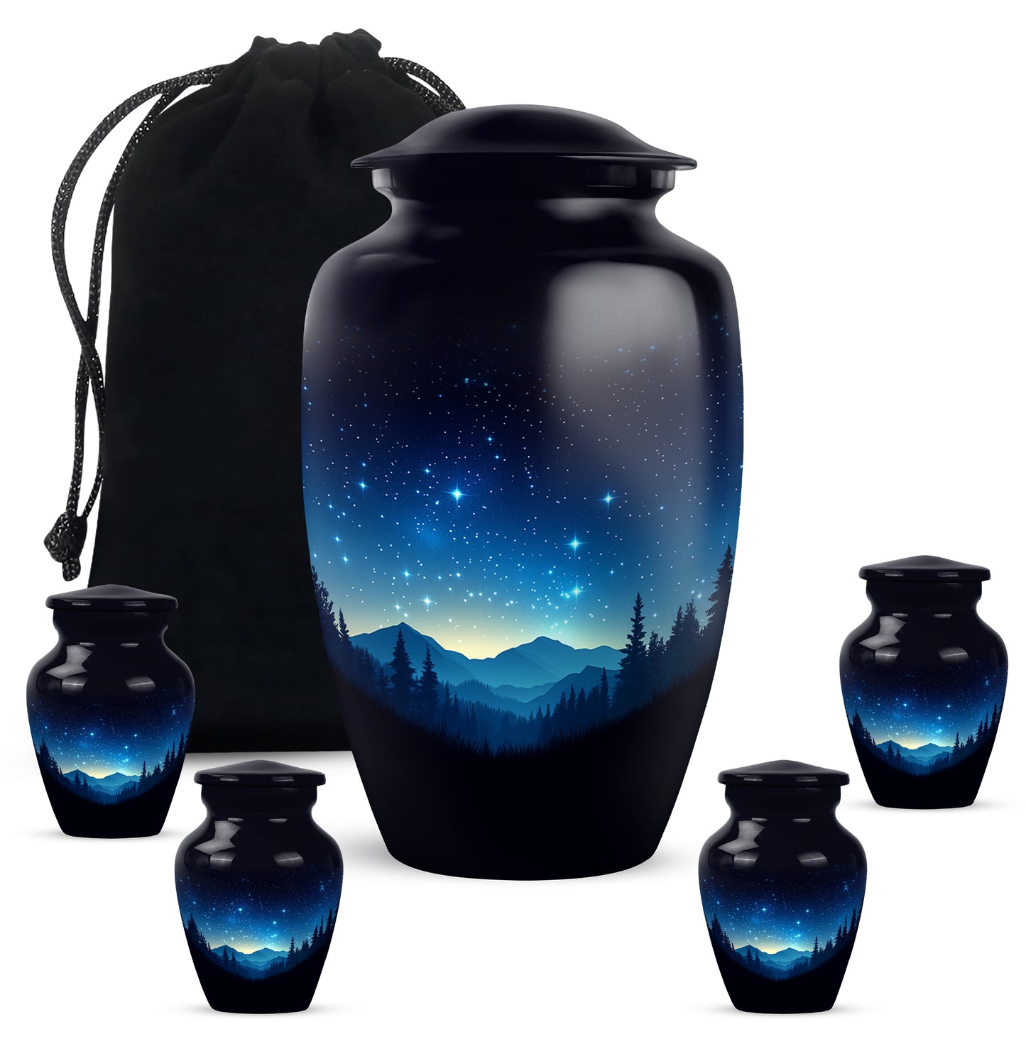 Jet Black Blue Cremation Urn top-down view of secure threaded lid - timeless blue motif etched into premium metal - memorial set with one large and four small urns