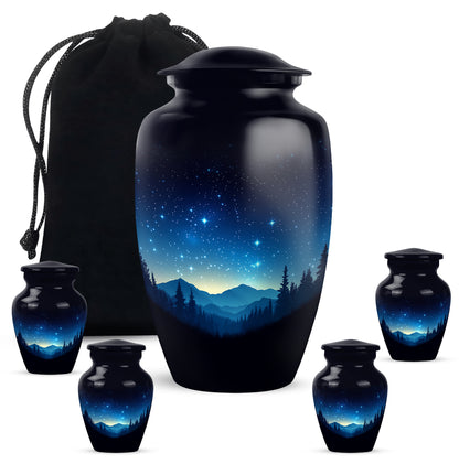 Jet Black Blue Cremation Urn top-down view of secure threaded lid - timeless blue motif etched into premium metal - memorial set with one large and four small urns