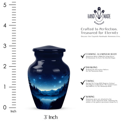 Navy Blue Blue Cremation Urn close-up of engraving and surface detail - classic sculpted blue pattern on smooth aluminum - mini keepsake memorial for portion of cremation ashes