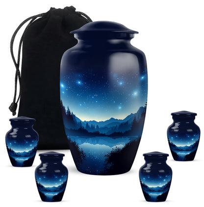 Cobalt Blue Blue Cremation Urn top-down view of secure threaded lid - traditional blue engraving with hand-polished finish - memorial set with one large and four small urns