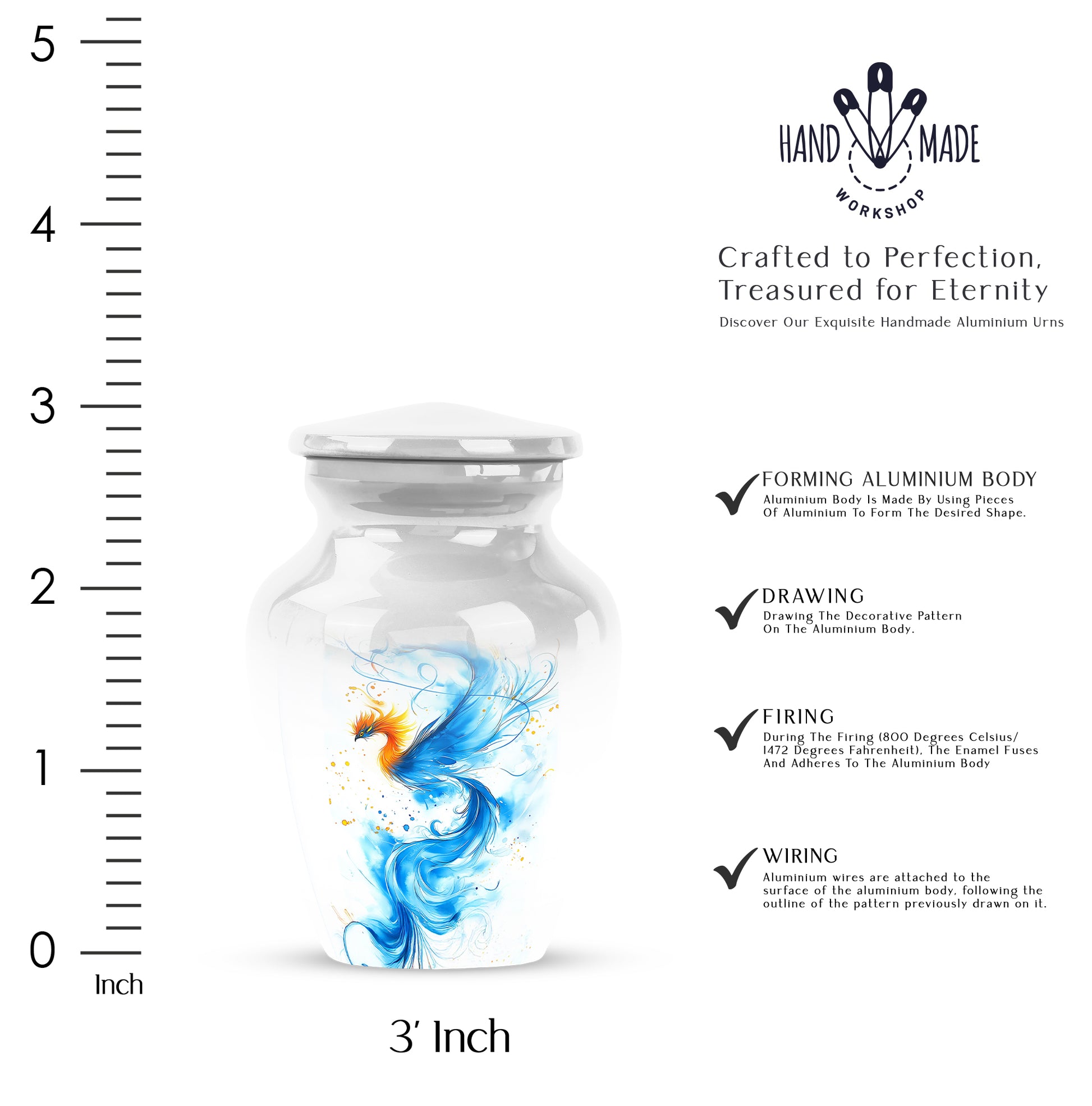 Gleaming Silver Blue Cremation Urn close-up of engraving and surface detail - timeless blue motif etched into premium metal - mini keepsake memorial for portion of cremation ashes