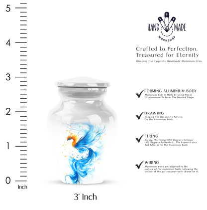 Gleaming Silver Blue Cremation Urn close-up of engraving and surface detail - timeless blue motif etched into premium metal - mini keepsake memorial for portion of cremation ashes
