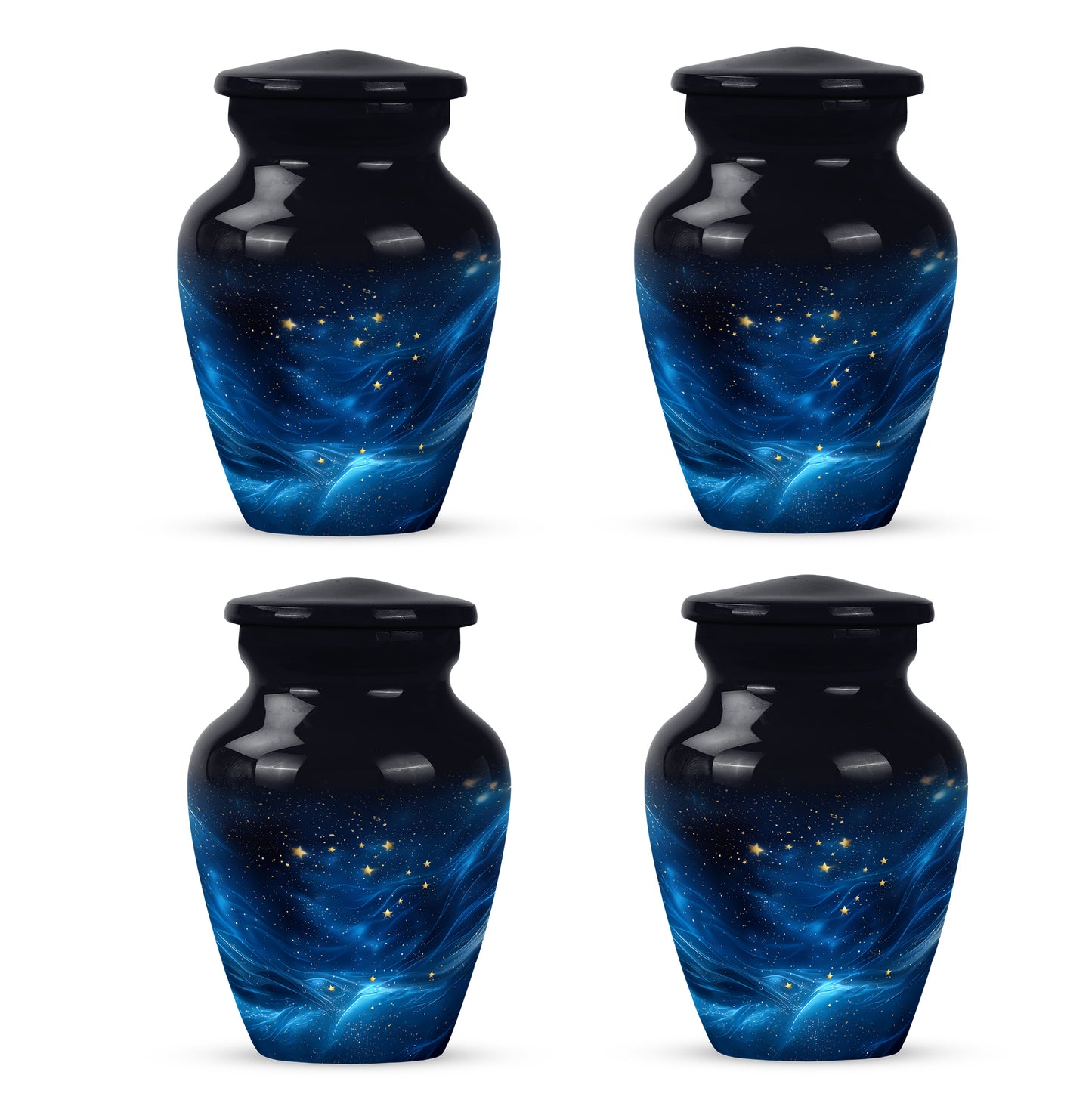 Glossy Black Blue Cremation Urn side profile showing urn shape - classic sculpted blue pattern on smooth aluminum - 10 inch aluminum urn for cremated remains