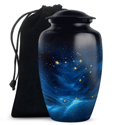 Midnight Black Blue Cremation Urn angled view of lid and engraved motif - elegant classic blue relief with fine detailing - full-size 10 inch 200 cubic inch adult cremation urn