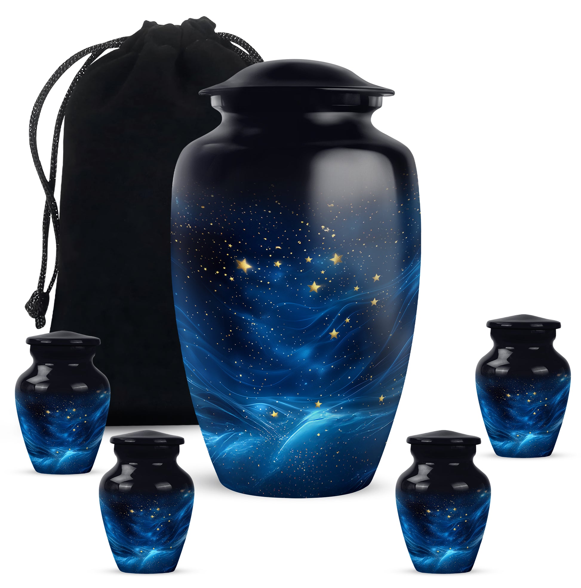 Rich Black Blue Cremation Urn top-down view of secure threaded lid - timeless blue motif etched into premium metal - memorial set with one large and four small urns