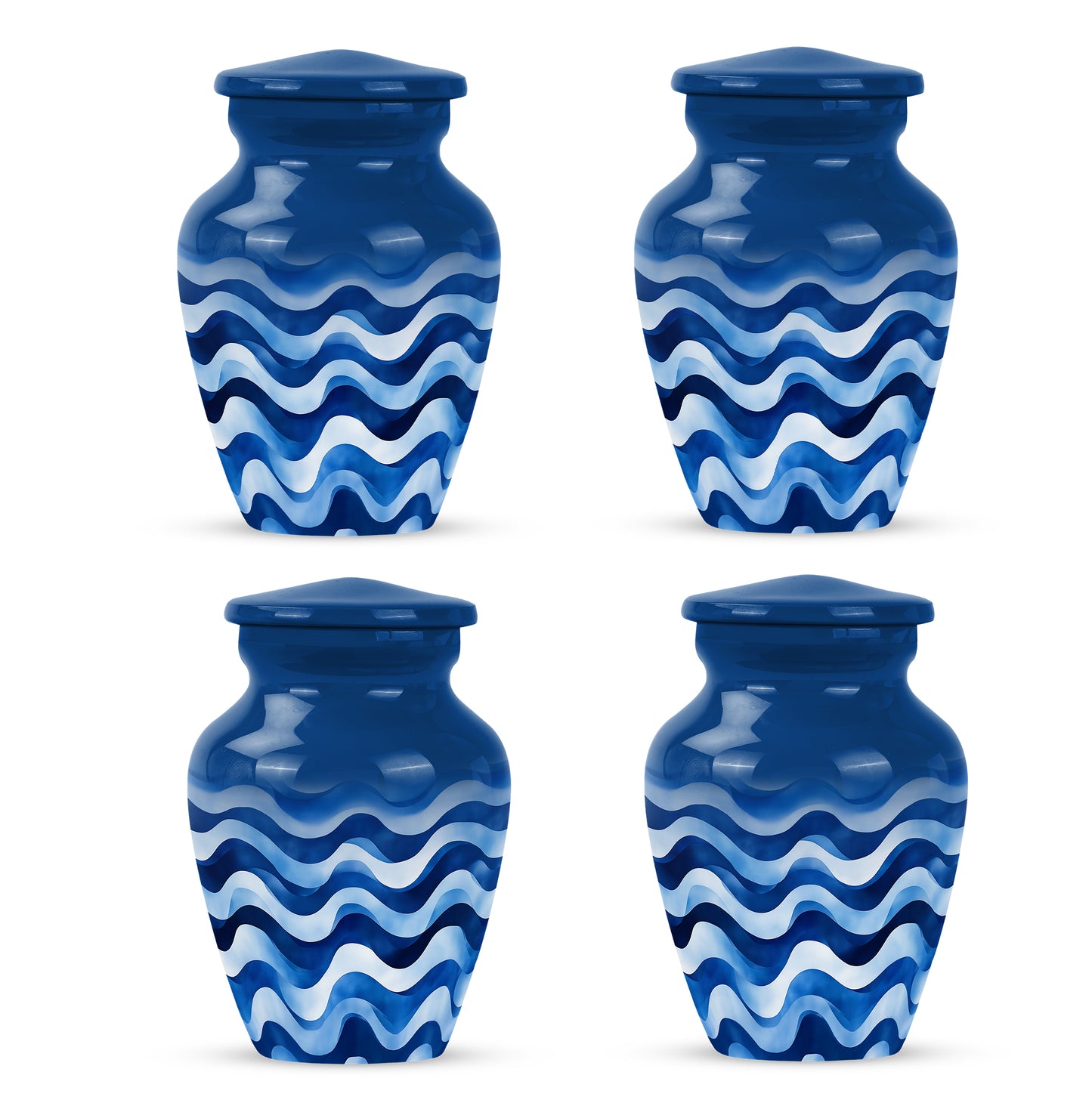 Azure Blue Cremation Urn side profile showing urn shape - timeless blue motif etched into premium metal - 10 inch aluminum urn for cremated remains