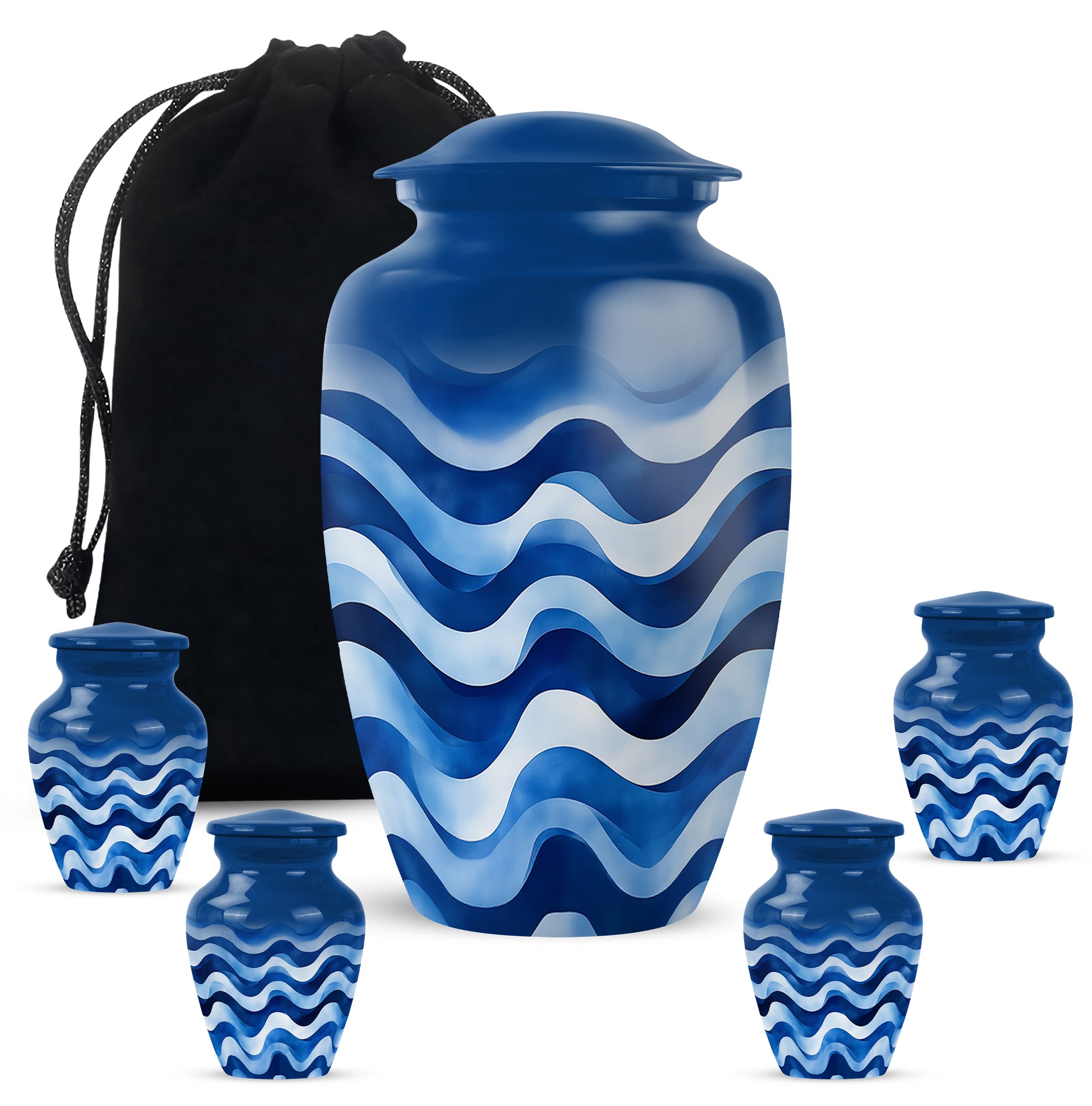 Soft Blue Blue Cremation Urn top-down view of secure threaded lid - elegant classic blue relief with fine detailing - memorial set with one large and four small urns