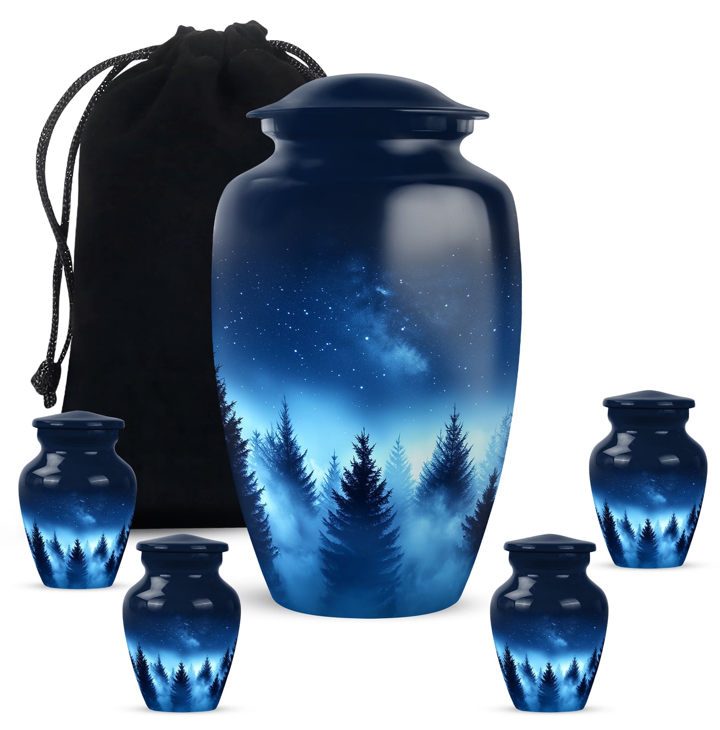 Soft Blue Blue Cremation Urn top-down view of secure threaded lid - traditional blue engraving with hand-polished finish - memorial set with one large and four small urns