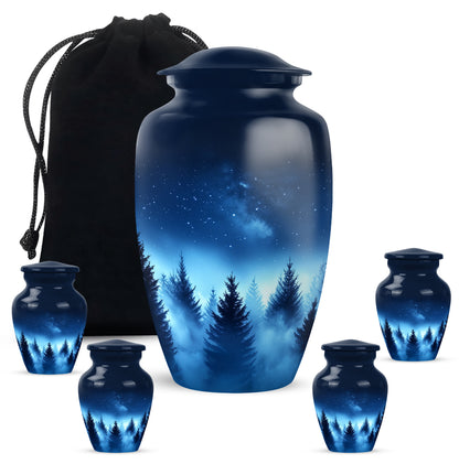 Soft Blue Blue Cremation Urn top-down view of secure threaded lid - traditional blue engraving with hand-polished finish - memorial set with one large and four small urns