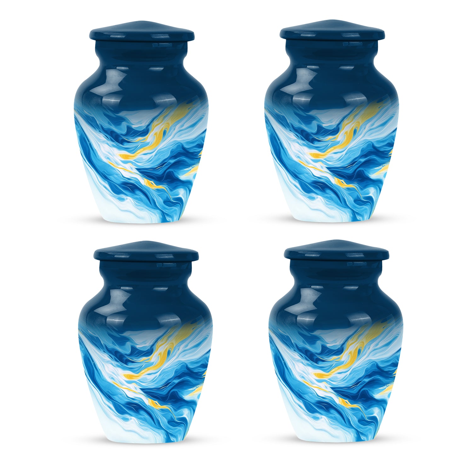 Soft Blue Blue Cremation Urn side profile showing urn shape - elegant classic blue relief with fine detailing - 10 inch aluminum urn for cremated remains