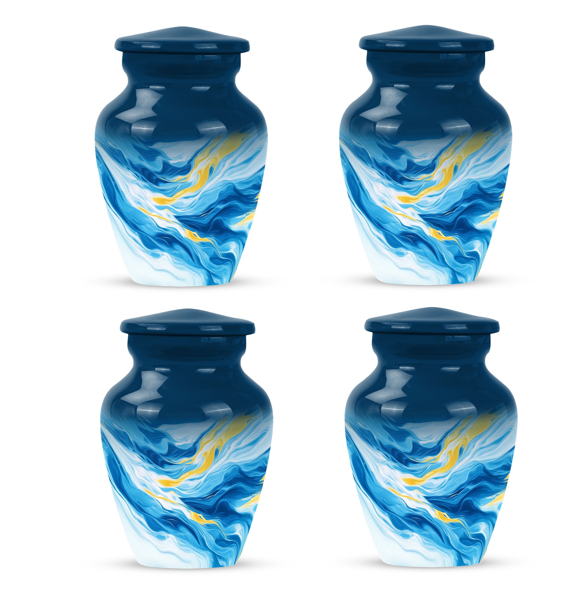 Soft Blue Blue Cremation Urn side profile showing urn shape - elegant classic blue relief with fine detailing - 10 inch aluminum urn for cremated remains