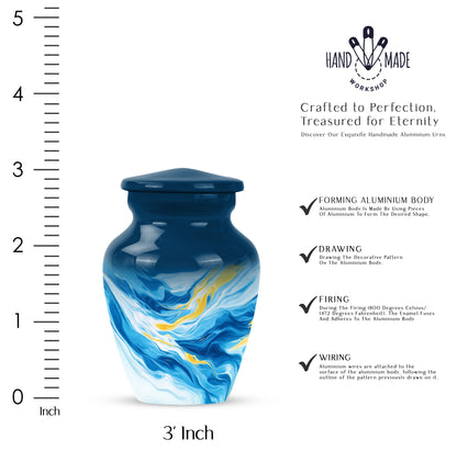 Vivid Blue Blue Cremation Urn close-up of engraving and surface detail - traditional blue engraving with hand-polished finish - mini keepsake memorial for portion of cremation ashes