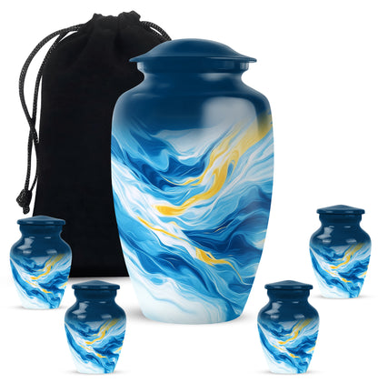 Navy Blue Blue Cremation Urn top-down view of secure threaded lid - classic sculpted blue pattern on smooth aluminum - memorial set with one large and four small urns