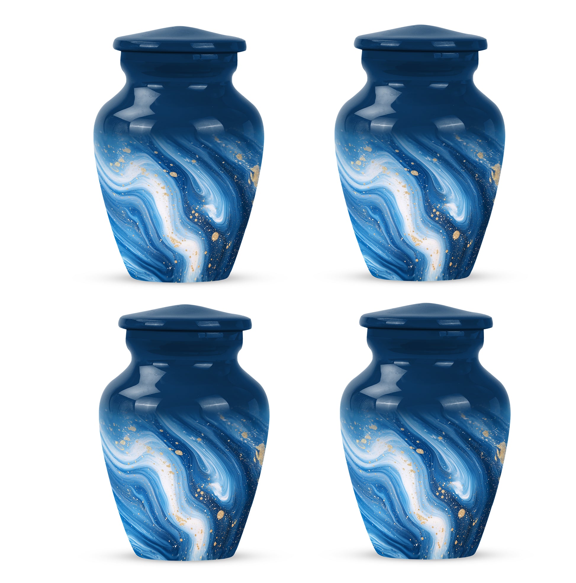 Cornflower Blue Blue Cremation Urn side profile showing urn shape - elegant classic blue relief with fine detailing - 10 inch aluminum urn for cremated remains