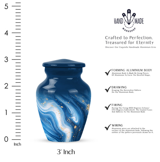 Pastel Blue Blue Cremation Urn close-up of engraving and surface detail - timeless blue motif etched into premium metal - mini keepsake memorial for portion of cremation ashes