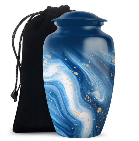 Navy Blue Blue Cremation Urn angled view of lid and engraved motif - classic sculpted blue pattern on smooth aluminum - full-size 10 inch 200 cubic inch adult cremation urn