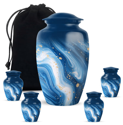 Bright Blue Blue Cremation Urn top-down view of secure threaded lid - elegant classic blue relief with fine detailing - memorial set with one large and four small urns