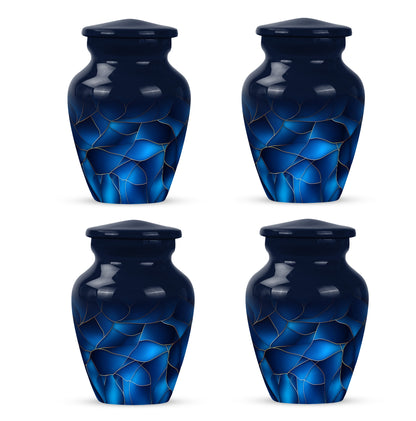 Slate Blue Blue Cremation Urn side profile showing urn shape - timeless blue motif etched into premium metal - 10 inch aluminum urn for cremated remains