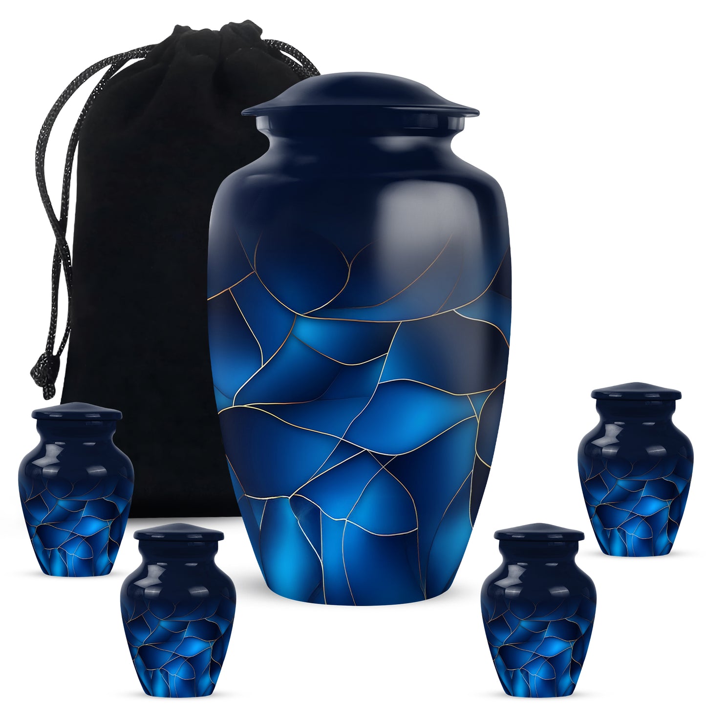 Steel Blue Blue Cremation Urn top-down view of secure threaded lid - traditional blue engraving with hand-polished finish - memorial set with one large and four small urns