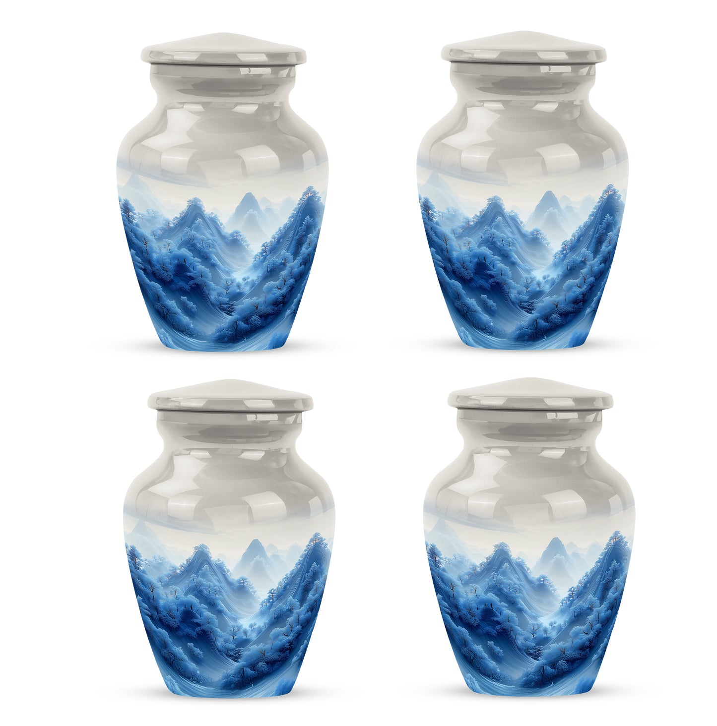 Sterling Silver Blue Cremation Urn side profile showing urn shape - timeless blue motif etched into premium metal - 10 inch aluminum urn for cremated remains