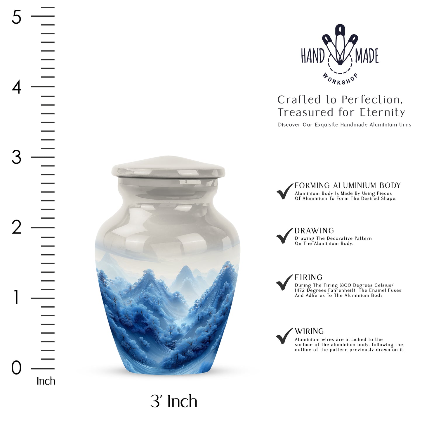 Gleaming Silver Blue Cremation Urn close-up of engraving and surface detail - classic sculpted blue pattern on smooth aluminum - mini keepsake memorial for portion of cremation ashes