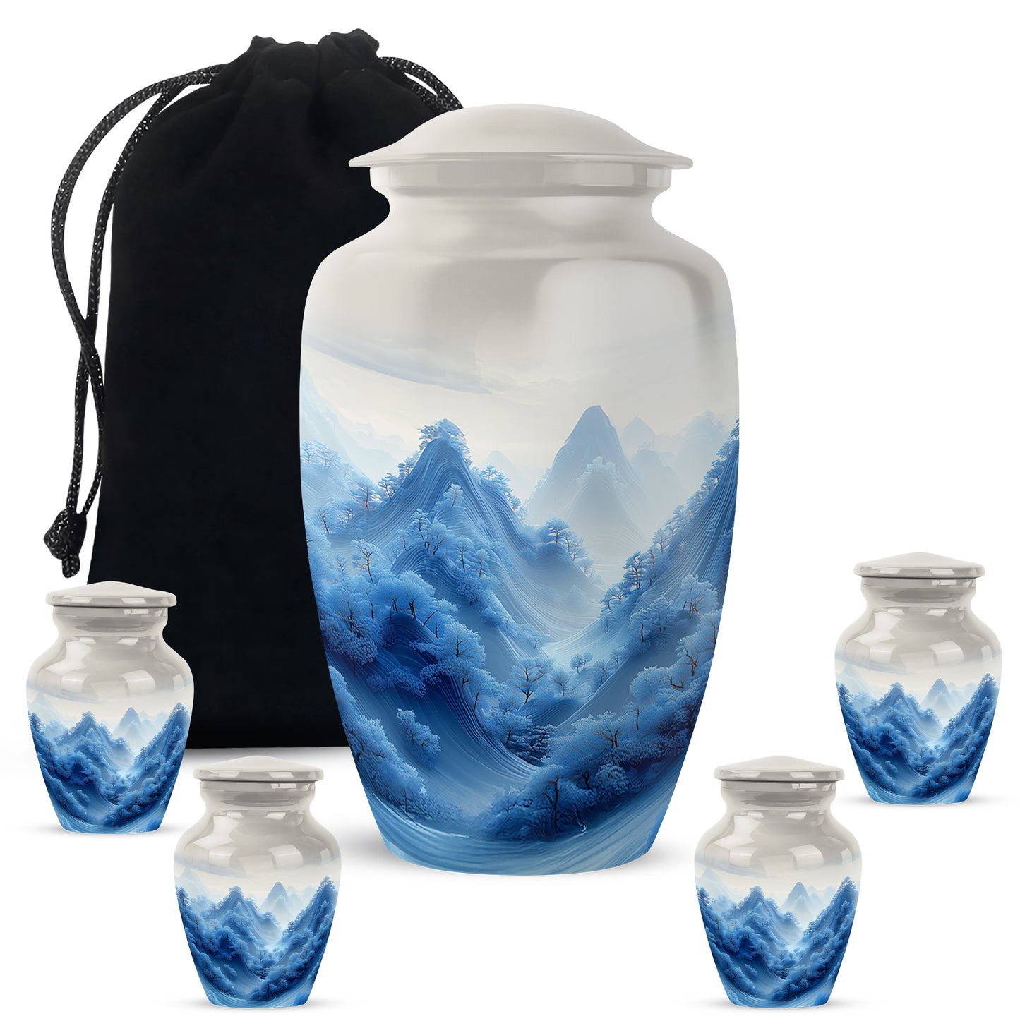 Platinum Silver Blue Cremation Urn top-down view of secure threaded lid - timeless blue motif etched into premium metal - memorial set with one large and four small urns