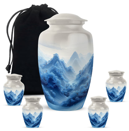 Platinum Silver Blue Cremation Urn top-down view of secure threaded lid - timeless blue motif etched into premium metal - memorial set with one large and four small urns