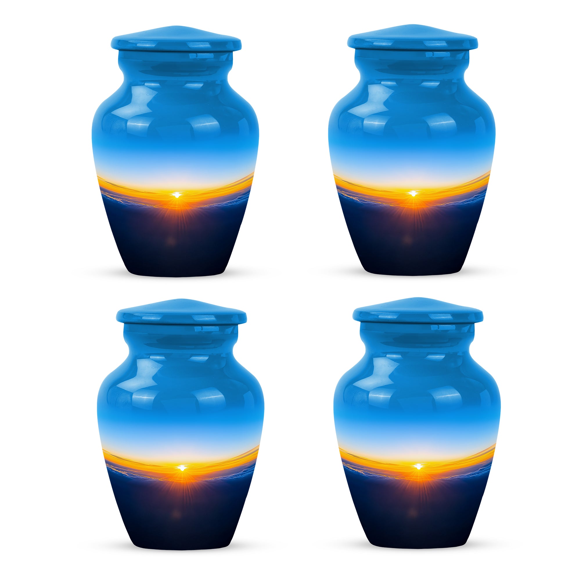 Slate Blue Blue Cremation Urn side profile showing urn shape - timeless blue motif etched into premium metal - 10 inch aluminum urn for cremated remains