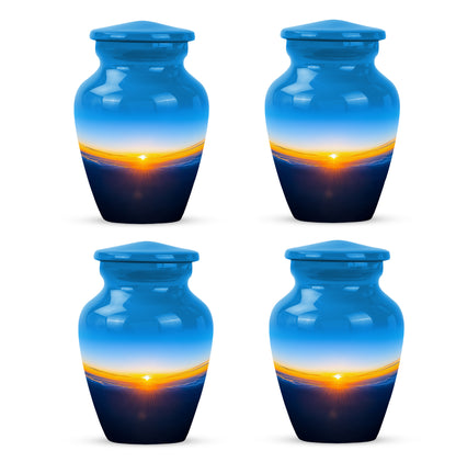 Slate Blue Blue Cremation Urn side profile showing urn shape - timeless blue motif etched into premium metal - 10 inch aluminum urn for cremated remains