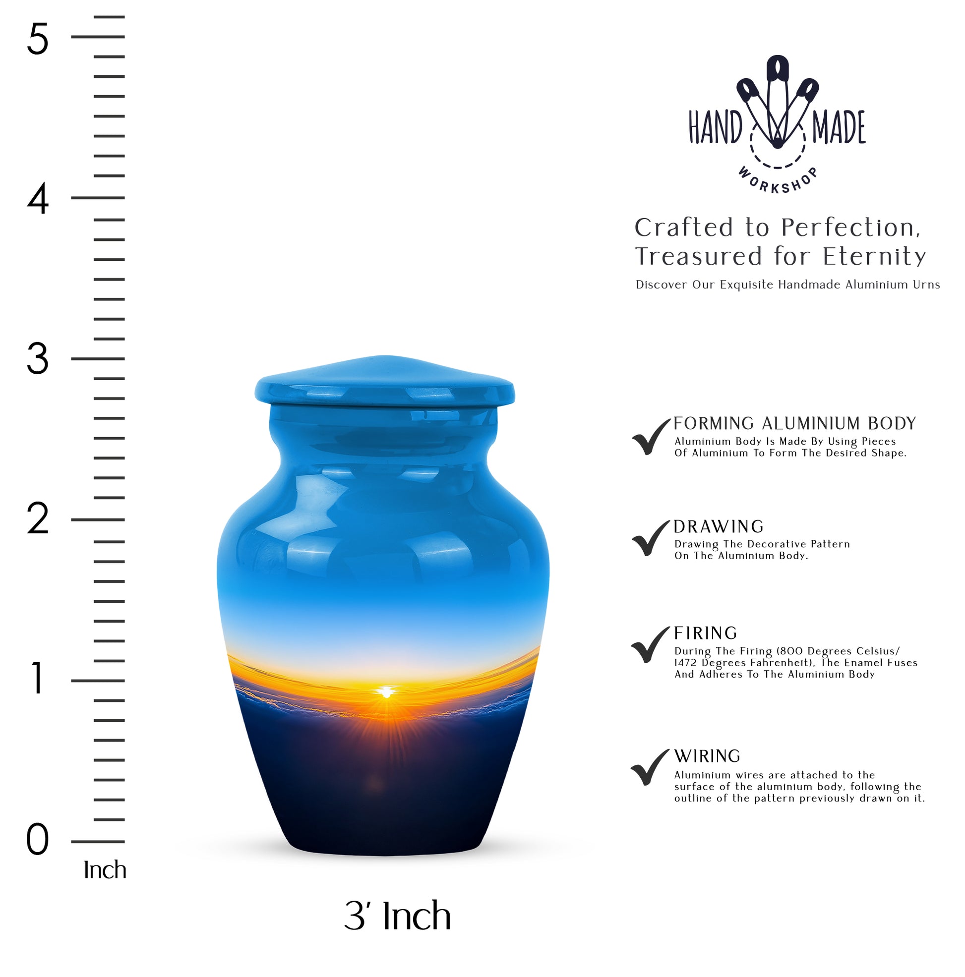 Powder Blue Blue Cremation Urn close-up of engraving and surface detail - classic sculpted blue pattern on smooth aluminum - mini keepsake memorial for portion of cremation ashes